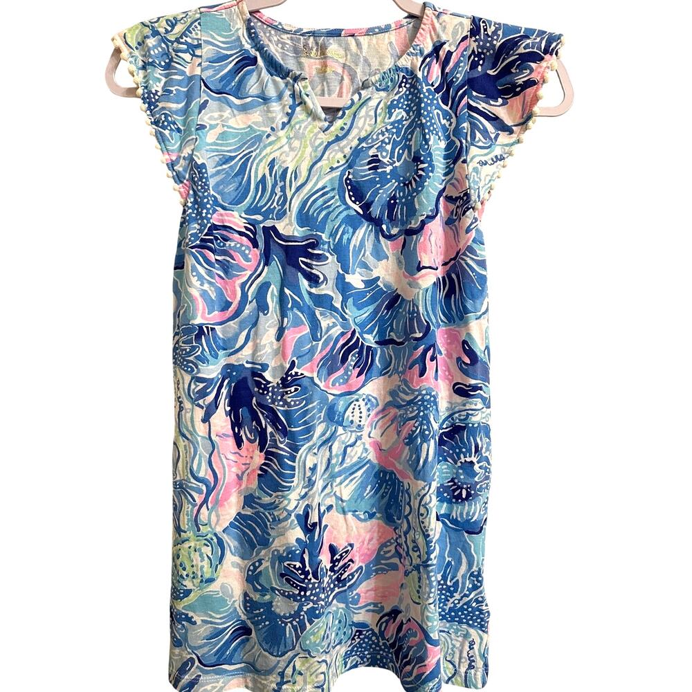 Lilly Pulitzer Girls Dress Size Large Blue Pink Tropical Print Pom Trim